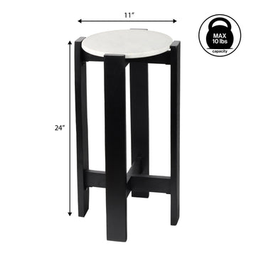 Elena 24" Minimalist Structured Wood Drink Table and Decorative End Table with White Marble Round Top